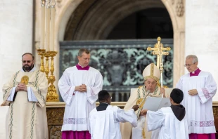 Pope Francis speaks at a Mass and canonization of 14 new saints in St. Peter’s Square on Sunday, Oct. 20, 2024. Credit: Daniel Ibáñez/CNA