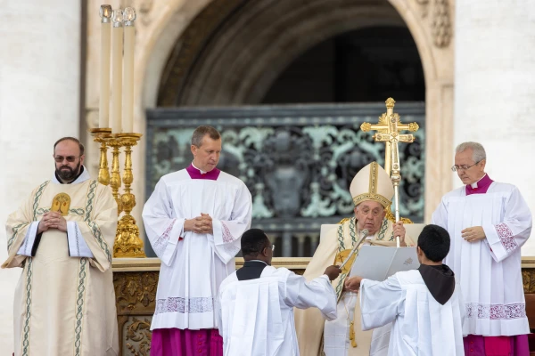 Pope Francis speaks at a Mass and canonization of 14 new saints in St. Peter's Square on Sunday, Oct. 20, 2024. Credit: Daniel Ibáñez/CNA