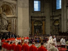 Pope Francis prays at the consistory for the creation of 21 new cardinals at St. Peter's Basilica, Vatican City, Dec. 7, 2024.