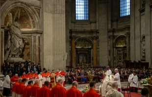 Pope Francis prays at the consistory for the creation of 21 new cardinals at St. Peter's Basilica, Vatican City, Dec. 7, 2024. Credit: Daniel Ibáñez/CNA