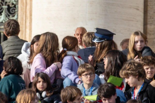 Pope Francis speaks to children at his general audience on Wednesday, Nov. 27, 2024, at the Vatican. Credit: Daniel Ibáñez/CNA