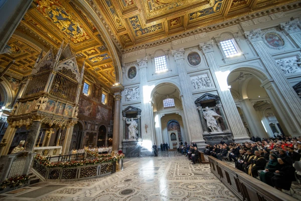 Priests and faithful gather in Rome's Basilica of St. John Lateran during the Holy Door opening ceremony on Dec. 29, 2024. Credit: Daniel Ibáñez/CNA