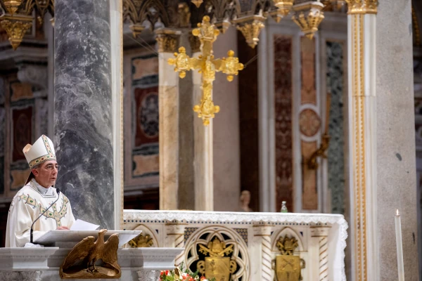 Cardinal Baldassare Reina addresses the congregation during the episcopal ordination Mass of Monsignor Renato Tarantelli Baccari at the Basilica of St. John Lateran in Rome, Jan. 4, 2025. Credit: Daniel Ibáñez/CNA