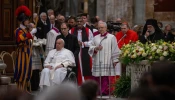 Pope Francis presides over vespers at the Basilica of St. Paul Outside the Walls, accompanied by masters of ceremonies, marking the conclusion of the Week of Prayer for Christian Unity, Jan. 25, 2025.