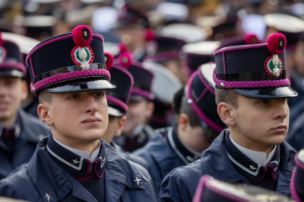 Military personnel in dress uniforms attend the Armed Forces Jubilee Mass in St. Peter’s Square on Feb. 9, 2025. Credit: Daniel Ibáñez/CNA