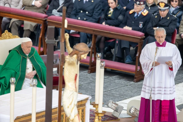 Pope Francis and Archbishop Diego Ravelli during the Armed Forces Jubilee Mass in St. Peter’s Square on Feb. 9, 2025. Credit: Daniel Ibáñez/CNA