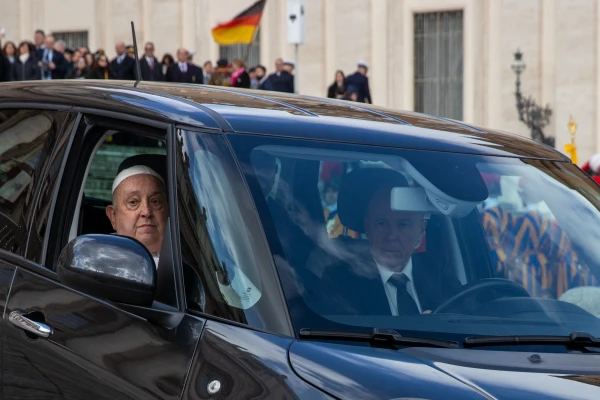 Pope Francis arrives in a vehicle at St. Peter’s Square for the Jubilee Mass for Armed Forces, Police and Security Personnel on Feb. 9, 2025. Credit: Daniel Ibáñez/CNA