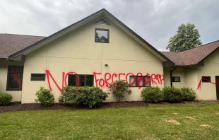 Mountain Area Pregnancy Services, a pro-life pregnancy center in Asheville, North Carolina, had its windows smashed and was spray-painted with pro-abortion messaging on June 6 or June 7, 2022. Courtesy Mountain Area Pregnancy Services