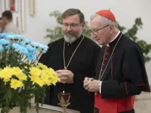 Vatican Secretary of State Cardinal Pietro Parolin meets with Major Archbishop Sviatoslav Shevchuk at the Cathedral of the Resurrection of Christ in Kyiv on Sunday, July 21, 2024.