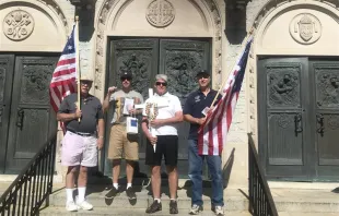 A handful of LOFRON resolution members stand outside of the Cathedral of St. Mary of the Assumption in Trenton, New Jersey. It was here where they recited the Prayer of Consecration of America to the Immaculate Heart of Mary on July 4, 2022. Credit: LOFRON