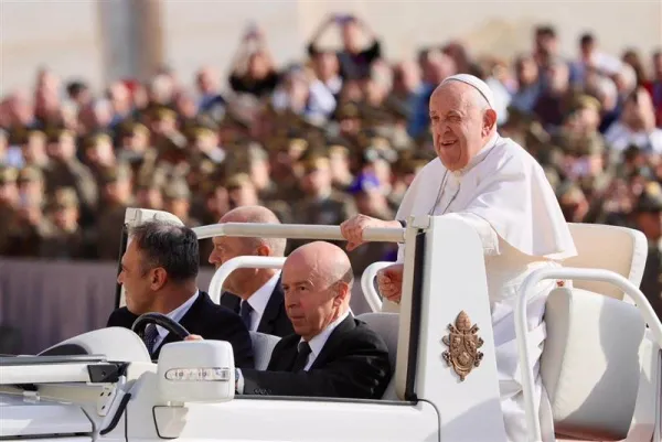 Pope Francis arrives at his general audience in St. Peter's Square on Wednesday, Sept. 18, 2024. Credit: Daniel Ibáñez/CNA