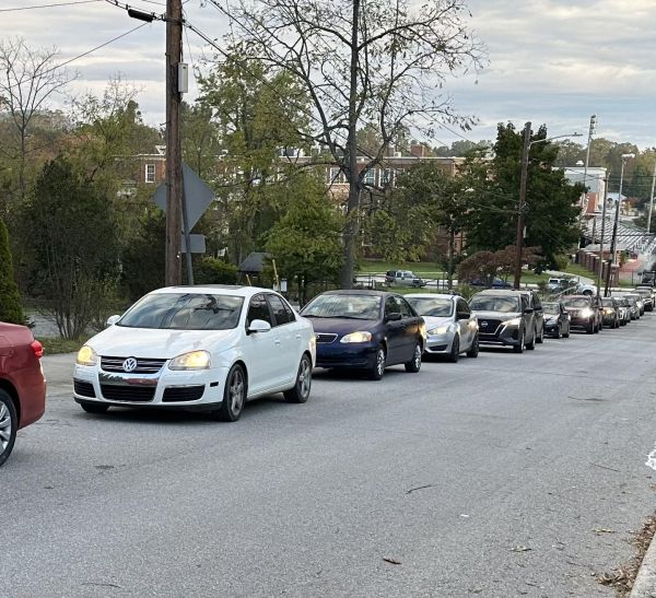 Cars line up to receive assistance at Immaculata Catholic School in Hendersonville, North Carolina, October 2024. Credit: Immaculata Catholic School