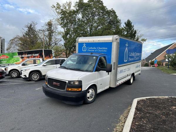 A Catholic Charities truck assists with relief efforts at Immaculata Catholic School in Hendersonville, North Carolina, October 2024. Credit: Immaculata Catholic School