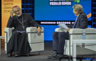 Cardinal Pierbattista Pizzaballa, OFM, the leader of the Catholic Church in the Holy Land,  discussed prospects for peace in the war in Gaza Tuesday, Aug. 20, 2024, in a conversation with Bernhard Scholz, president of the Meeting for Friendship Amongst Peoples Foundation. Credit: Photo courtesy of Meeting for Friendship Amongst People