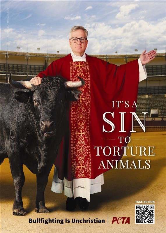 Martin poses alongside a bull in this advertisement partnering with PETA, which was featured on The Tablet July 18, 2024. The Catholic priest from England says regarding the sport of bullfighting that "the lack of logic and absence of Christian compassion strikes me forcibly." Credit: PETA UK