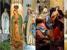 From left: Our Lady of Fatima; Our Lady of Lourdes; Our Lady of Guadalupe; Our Lady of the Rosary; Our Lady of Sorrows; Our Lady, Undoer of Knots; and Our Lady of Peace.