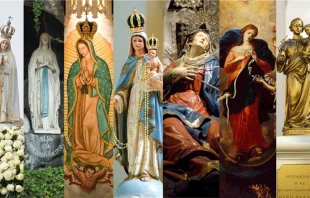 From left: Our Lady of Fatima; Our Lady of Lourdes; Our Lady of Guadalupe; Our Lady of the Rosary; Our Lady of Sorrows; Our Lady, Undoer of Knots; and Our Lady of Peace. Credit: Ricardoperna via Canva Teams; rparys via Canva Teams; Bluebird13 via Canva Teams; Sidney de Almeida via Canva Teams; Zarateman, CC BY-SA 4.0, via Wikimedia Commons; Johann Georg Melchior Schmidtner (1625-1705), Public domain, via Wikimedia Commons; and Gerald Farinas at English Wikipedia, CC BY-SA 3.0, via Wikimedia Commons