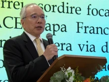 Matthew Lee, Taiwan's ambassador to the Holy See, speaks at a celebration of Taiwan’s 113th National Day at a reception organized by the Embassy of the Republic of China to the Holy See in Vatican City, Wednesday, Oct. 2, 2024.