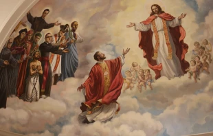 Detail of a mural showing Blessed Stanley Rother being welcomed into heaven at the new Blessed Stanley Rother Shrine in Oklahoma City. Credit: Joe Holdren/EWTN News