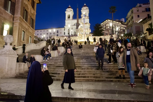 Sister Tarcisia poses before the Spanish Steps in Rome, Tuesday, Dec. 17, 2024. Credit: Courtney Mares/CNA