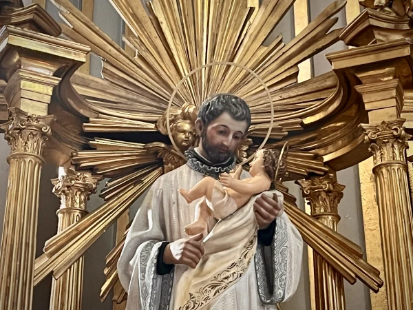 Statuary of St. Cajetan of Thiene receiving the Christ Child in the Basilica of Sant’Andrea della Valle in Rome. Credit: Courtney Mares/CNA