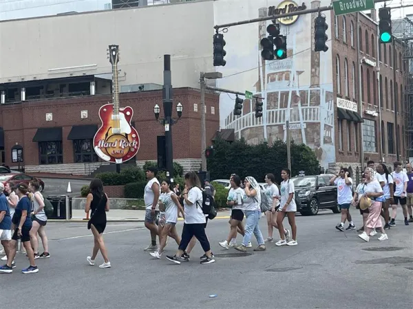 Participants in the Eucharistic procession walk past Hard Rock Cafe on Broadway in Nashville, Tennessee, on Friday, June 28, 2024. Credit: Tyler Arnold/CNA