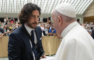 "The Chosen" actor Jonathan Roumie meets Pope Francis at the Vatican on Aug. 11, 2021. Vatican Media/CNA