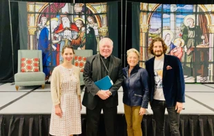 From left to right: Jennifer Baugh, executive director of Young Catholic Professionals; Bishop Edward Burns of Dallas; Dina Dwyer-Owens, former CEO & chairwoman of Neighborly; Jonathan Roumie, actor on 'The Chosen' online series. Jennifer Baugh