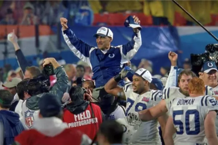 Head Coach Tony Dungy gets a Gatorade bath while the assistant coach looks  on as the Indianapolis Colts celebrate their 29 to 17 victory over the  Chicago Bears in Super Bowl XLI