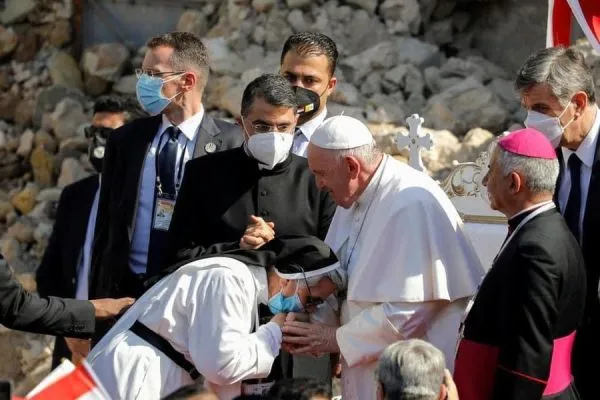 Sister Atur from the Daughters of Mary Chaldean Congregation, who was abducted June 28, 2014, and released a month later, with Pope Francis during his visit to Iraq in March 2021. Credit: Iraqschristians