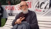 French Catholic priest Abbe Pierre takes part in a demonstration on May 6, 1994.