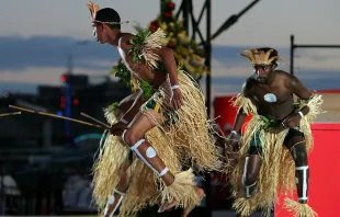 Aboriginal dancers perform an Indigenous welcome ceremony at the opening Mass formally celebrating the start of World Youth Day 2008 at Barangaroo on July 15, 2008, in Sydney. Credit: Sergio Dionisio/Getty Images