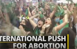 Pro-abortion activists include the Marea Verde, or Green Wave Movement, a grassroots coalition of protesters who wear green bandanas at events. Credit: EWTN Pro-Life Weekly/Screenshot