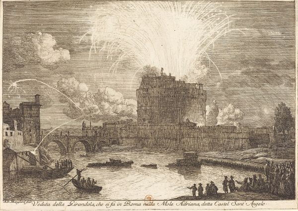 Sketch of the Girandola fireworks over Castel Sant’Angelo by Adrien Manglard c. 1750-1752. Credit: Adrien Manglard, CC BY-SA 4.0, via Wikimedia Commons