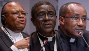 Congolese Cardinal Fridolin Ambongo Besungu, Archbishop Andrew Nkea Fuanya of Cameroon, and Cardinal Edouard Sinayobye of Rwanda talk with journalists at Synod on Synodality press briefings in October 2024.