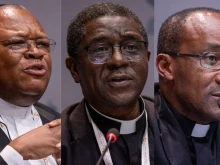 Congolese Cardinal Fridolin Ambongo Besungu, Archbishop Andrew Nkea Fuanya of Cameroon, and Bishop Edouard Sinayobye of Rwanda talk with journalists at Synod on Synodality press briefings in October 2024.