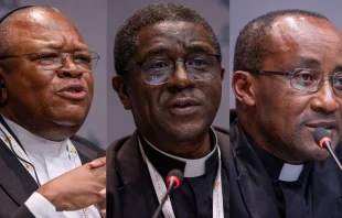 Congolese Cardinal Fridolin Ambongo Besungu, Archbishop Andrew Nkea Fuanya of Cameroon, and Bishop Edouard Sinayobye of Rwanda talk with journalists at Synod on Synodality press briefings in October 2024. Credit: Daniel Ibañez/CNA