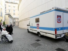 Pope Francis blesses small mobile medical unit being donated to Ukraine.