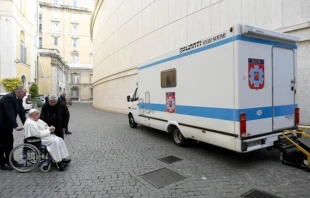 Pope Francis blesses small mobile medical unit being donated to Ukraine. Credit: Dicastery for the Service of Charity