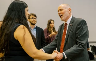 Peter Sonski, presidential candidate for the American Solidarity Party, greets a fellow presidential candidate,  pro-life Democrat Terrisa Bukovinac, following a speech at the Catholic University of America. Credit: Bernadette Dalgetty