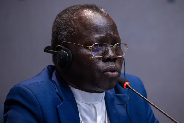 Cardinal Stephen Ameyu Martin Mulla from South Sudan talks with journalists during a Synod on Synodality press briefing on Oct. 18, 2024. Credit: Daniel Ibañez/CNA