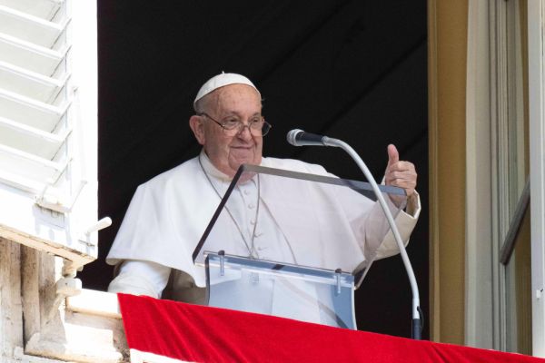 Pope Francis gives a thumbs-up to pilgrims at the Vatican during the Sunday Angelus, August 11, 2024. Vatican Media