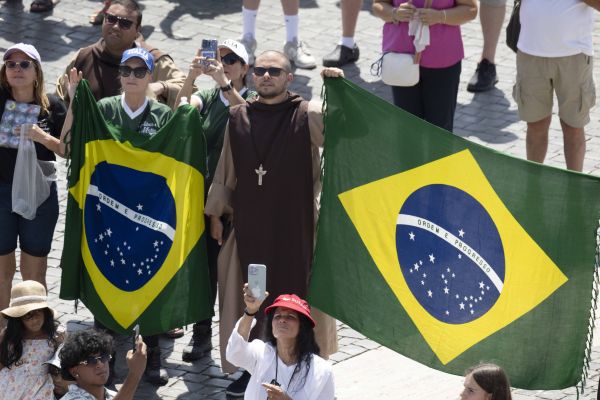 Pilgrims display Brazilian flags in St. Peter's Square during Pope Francis' Angelus address on Aug. 4, 2024. Credit: Vatican Media