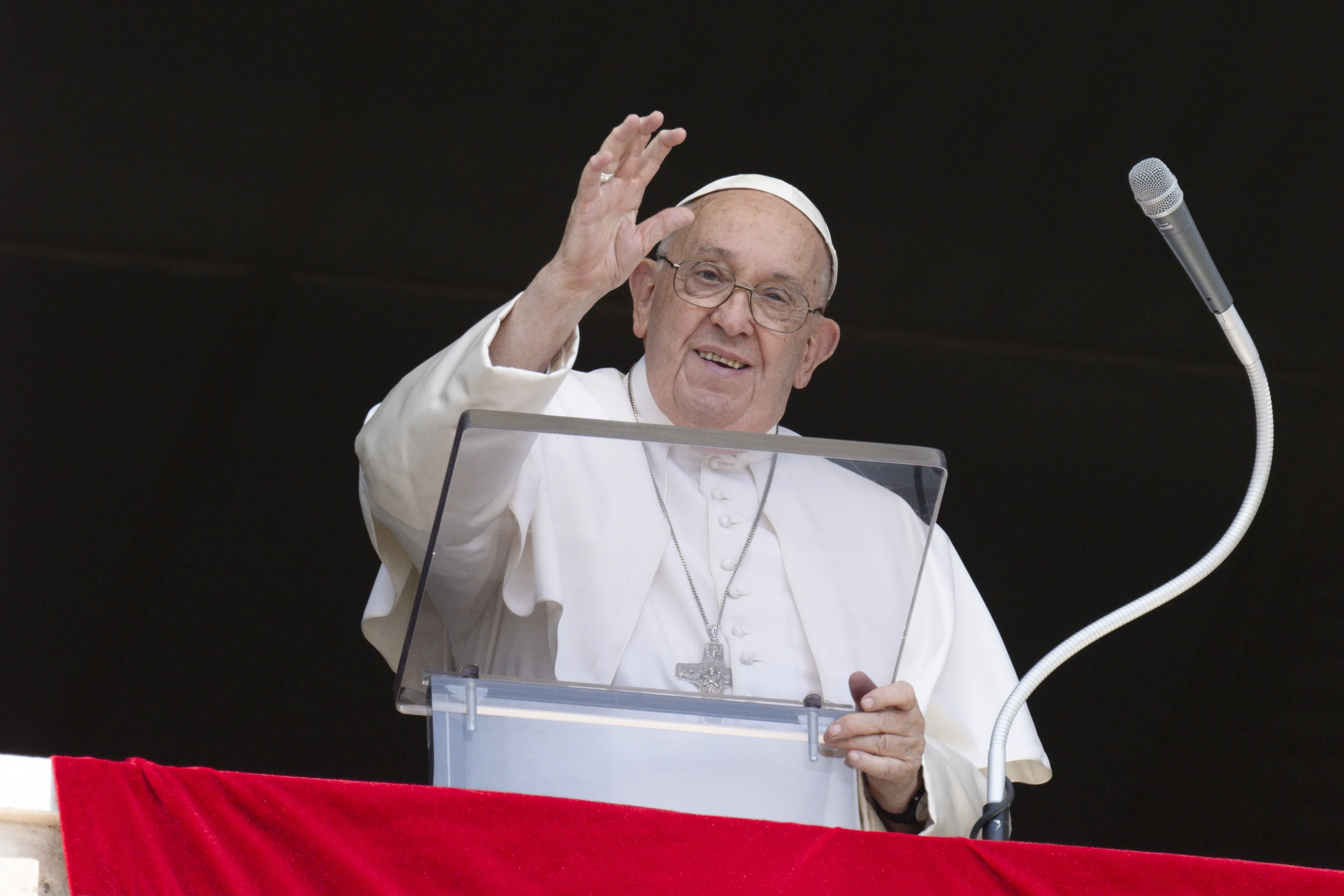 Pope Francis waves to pilgrims gathered in St. Peter's Square for his Angelus address on Aug. 4, 2024.?w=200&h=150