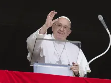 Pope Francis waves to pilgrims gathered in St. Peter's Square for his Angelus address on Aug. 4, 2024.