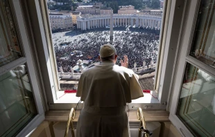 Pope Francis greets the crowd at his Sunday Angelus address on Jan. 29, 2023. Vatican Media