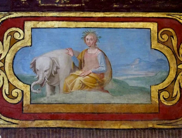 Renaissance fresco in the Branconio Chapel of the Church of San Silvestro in L'Aquila depicting the elephant given as a present to Pope Leo X by king Emanuel I of Portugal in 1514. Credit: Public domain, via Wikimedia Commons