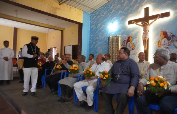 Cuttack-Bhubaneswar Archbishop John Barwa introduces the visiting bishops in Nandagiri, India, Wednesday, Feb. 5, 2025. Credit: Anto Akkara