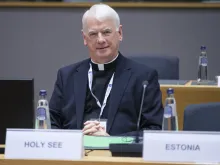 Apostolic Nuncio to the European Union Archbishop Noël Treanor at the EU council headquarters on May 27, 2024, in Brussels, Belgium.