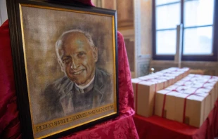 Image of Father Pedro Arrupe, SJ, beside sealed boxes of documents compiled during the diocesan phase of his canonization cause. Crédito: Daniel Ibáñez/EWTN News